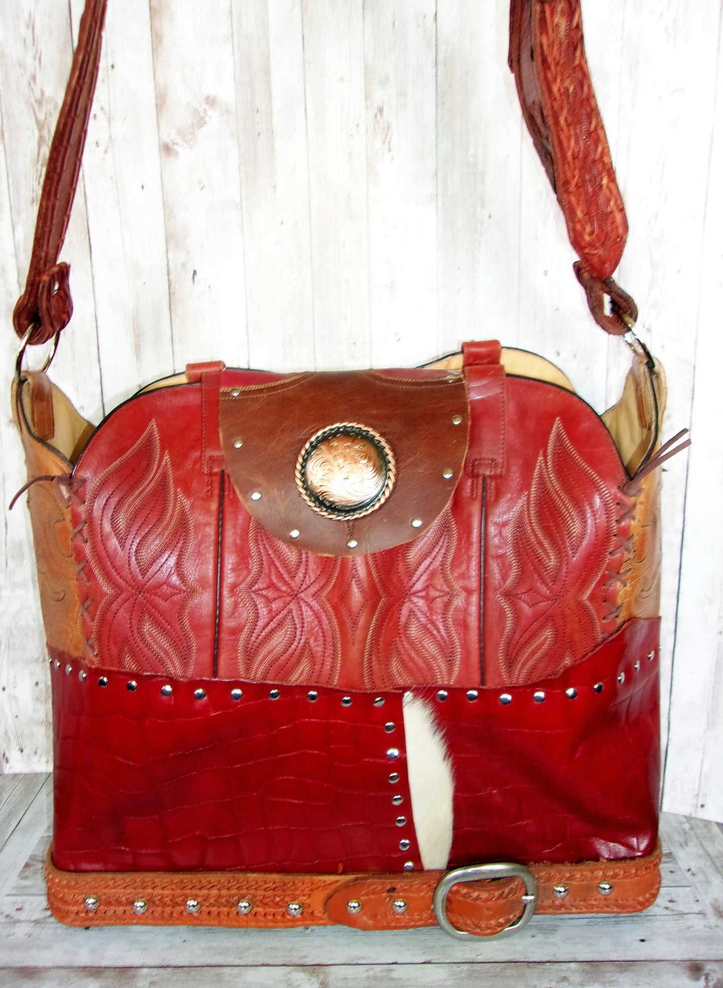 Cowboy Boot Laptop Tote LT32 handcrafted from cowboy boots. Shop Handbags at ChrisThompsonBags.com and buy the best boot purse, cowboy boot purse, cowgirl handbag, leather laptop tote, recycled cowboy boots, unique gift for her, unique gift for him, unique travel bag, western diaper bag, western laptop tote, western travel bag, XL cowboy Boot Purse, XL leather tote at Chris Thompson Bags.
